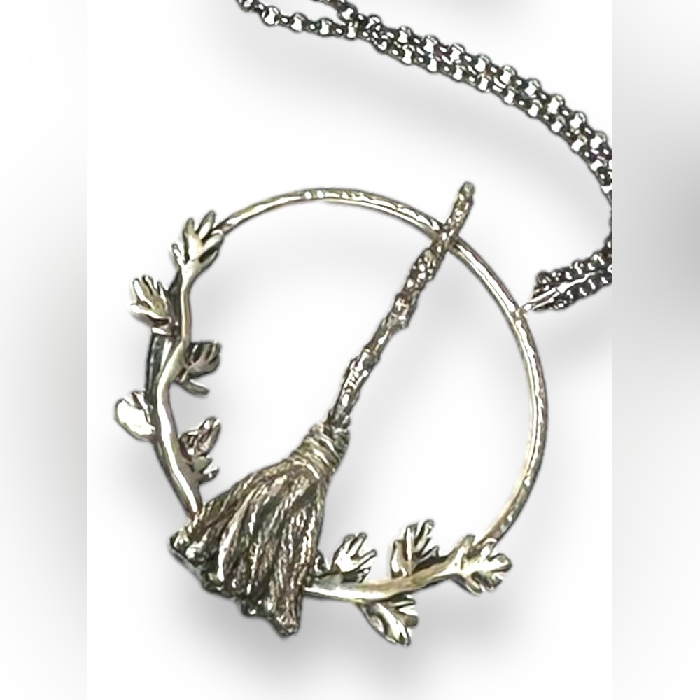 Sterling silver witch’s broom witchy goth punk Halloween necklace jewelry Wicca